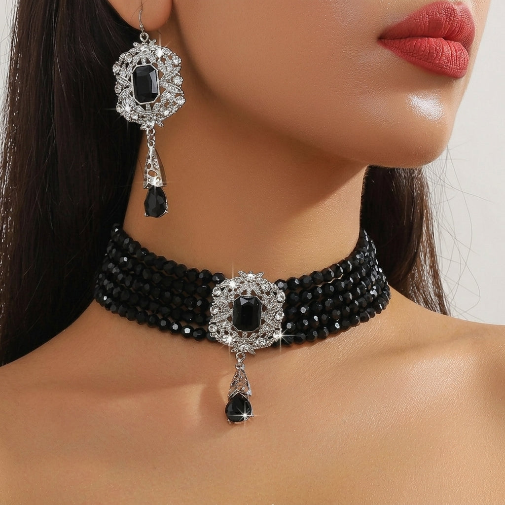 Beaded Crystal Necklace & Earrings Set in black silver
