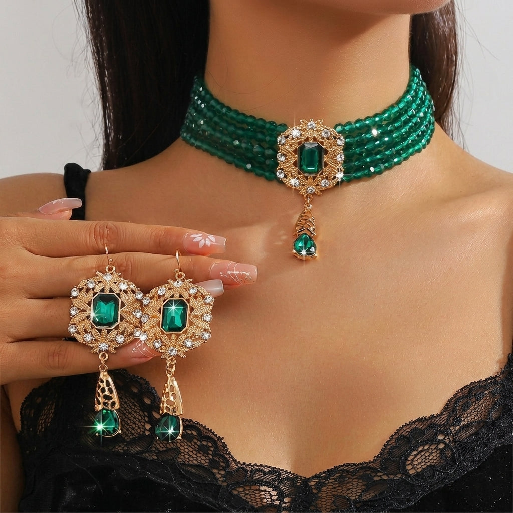 Beaded Crystal Necklace & Earrings Set in green gold