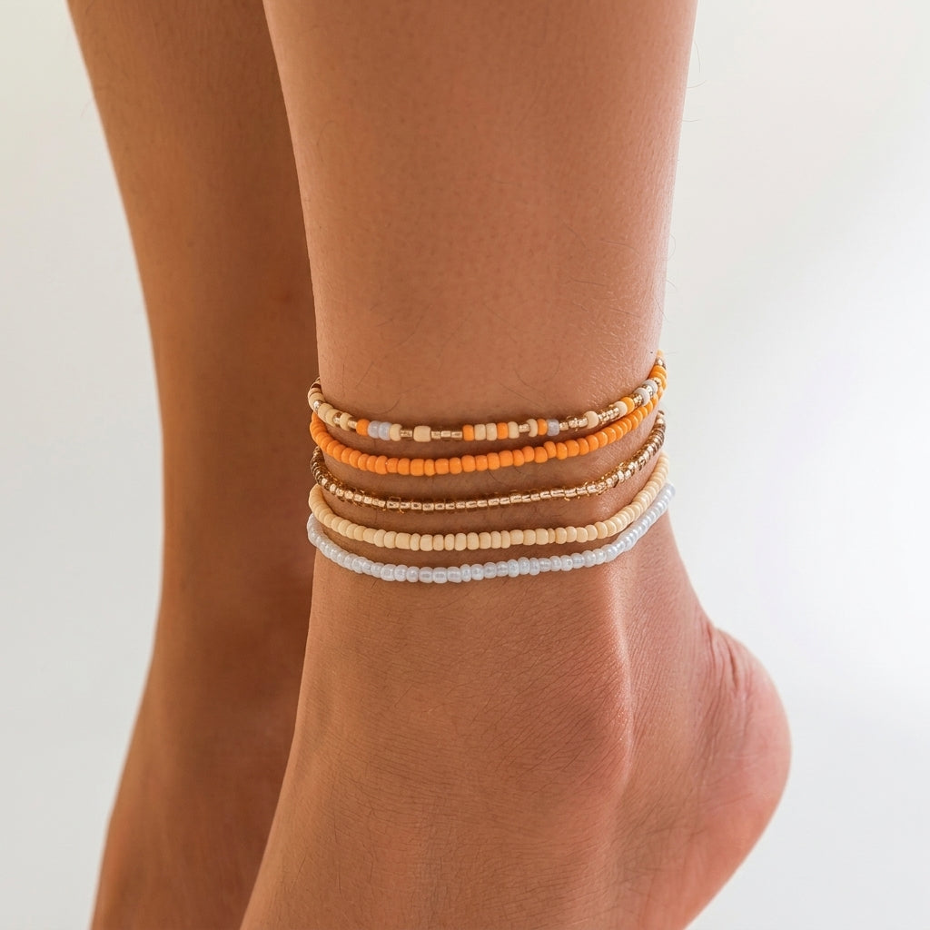 5pc Colorful Beaded Layered Anklet Stack