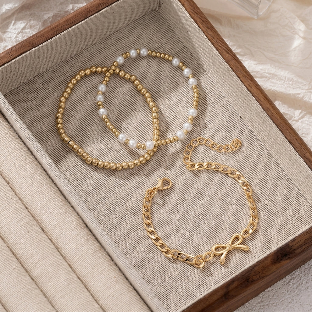 3pc Beaded Pearl & Cuban Bow Bracelet Stack