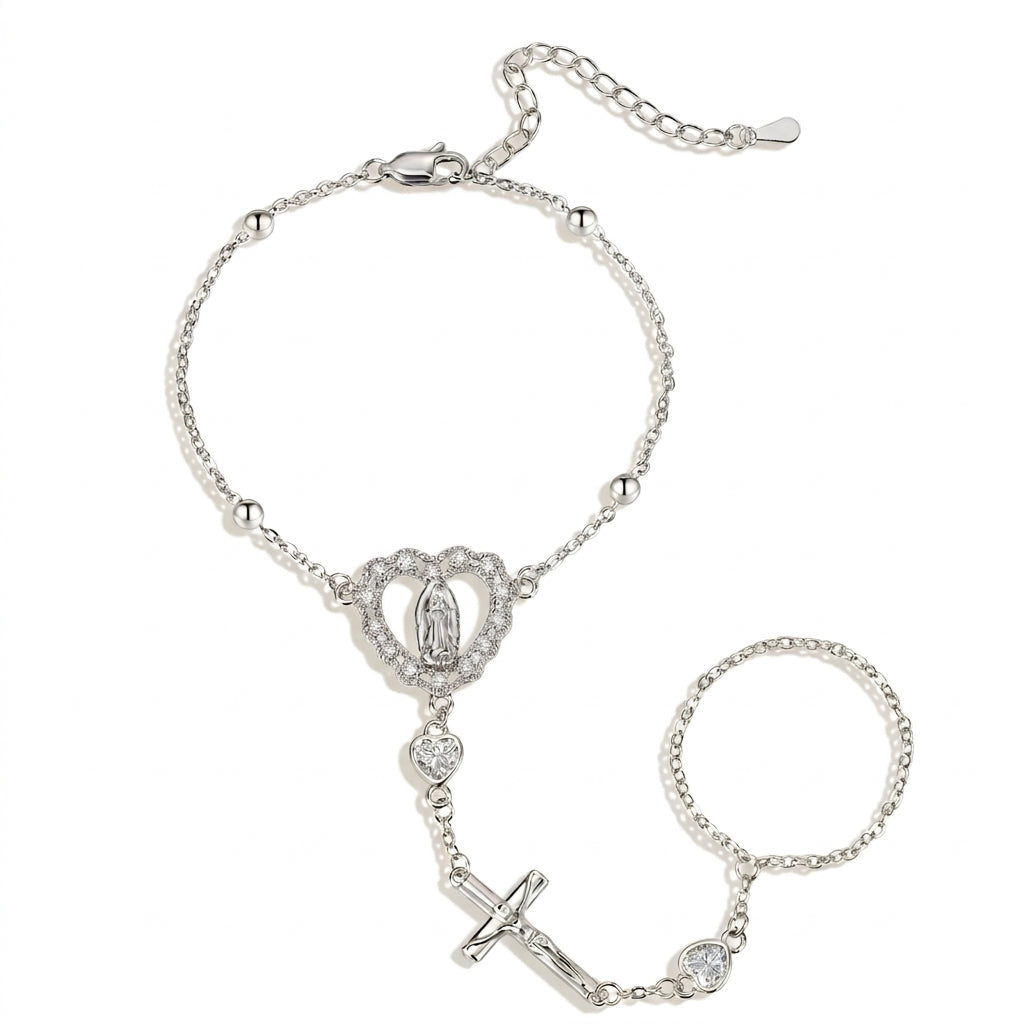 14k Virgin Mary & Jesus Christ Heart Cross Hand Chain in silver