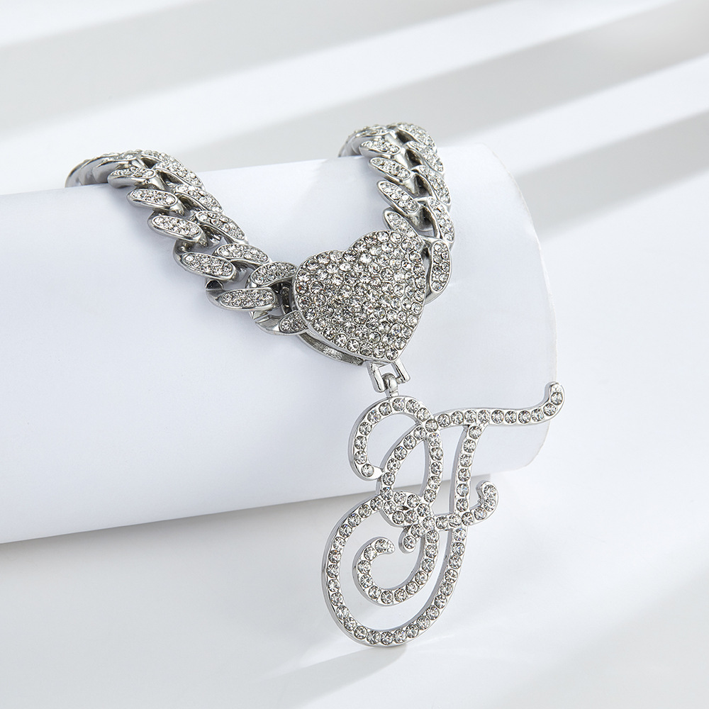 Cursive Diamond Accented Initial Cuban Heart Necklace in silver