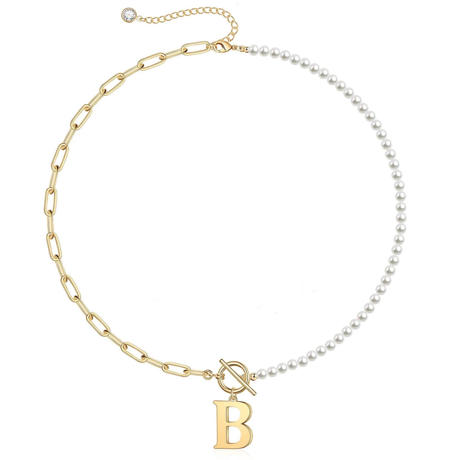 Pearl & Paperclip Chain Letter Initial Necklace in gold