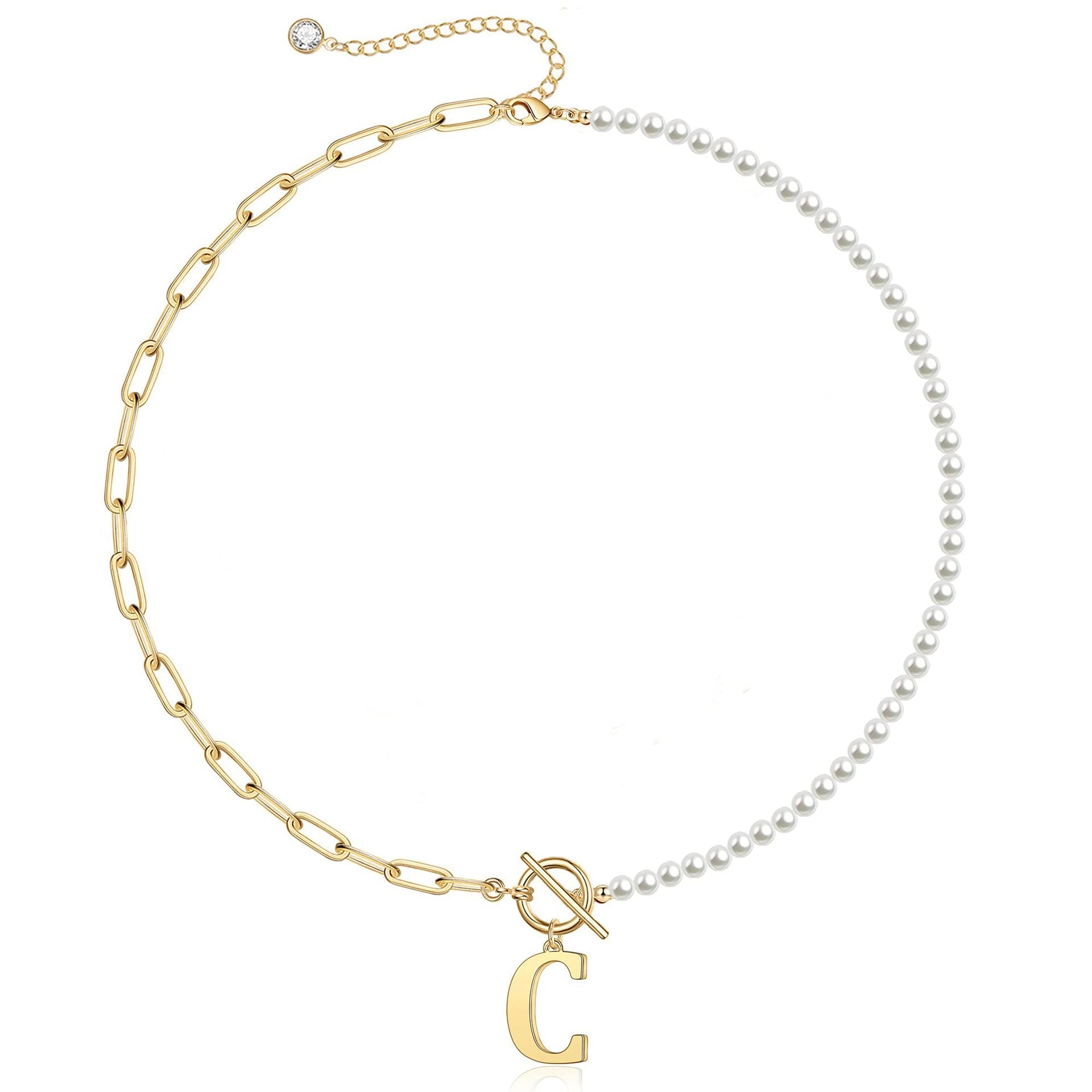 Pearl & Paperclip Chain Letter Initial Necklace in gold