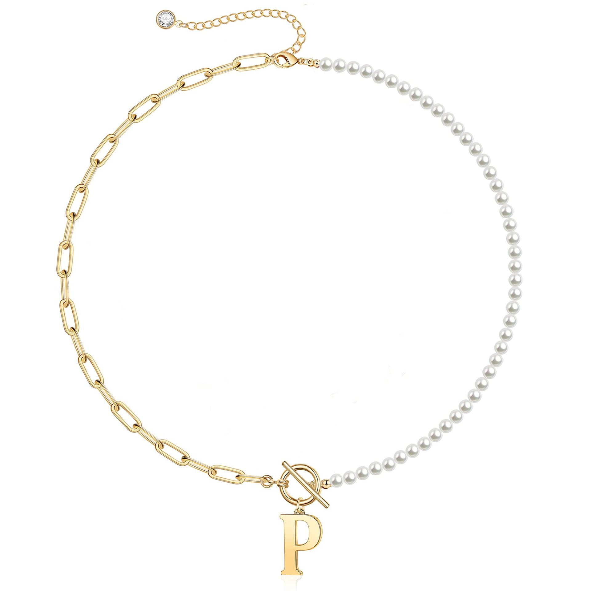 Pearl & Paperclip Chain Letter Initial Necklace in gold