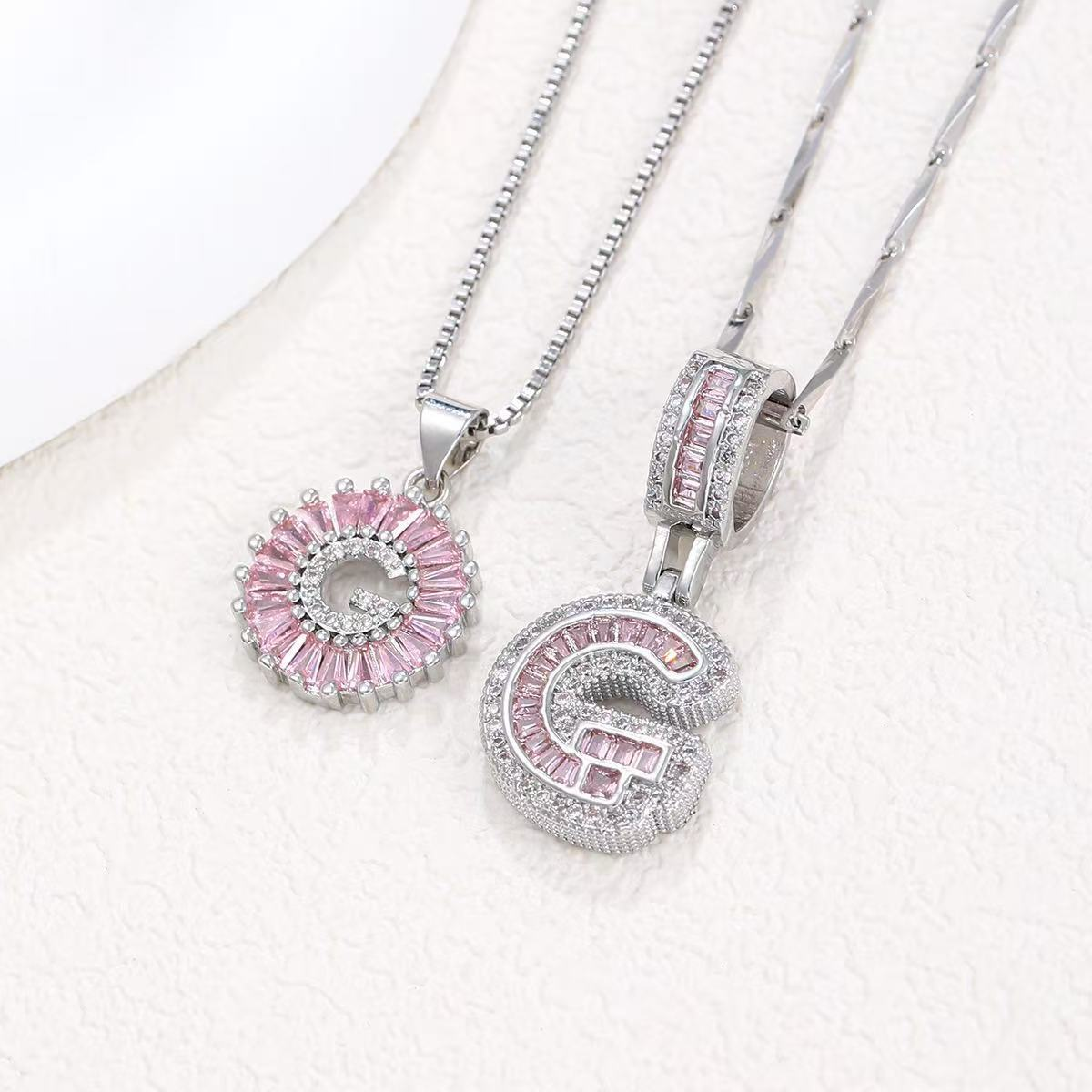 2pc 14k Diamond Letter Initial Necklaces (Limited Pink Edition) in silver