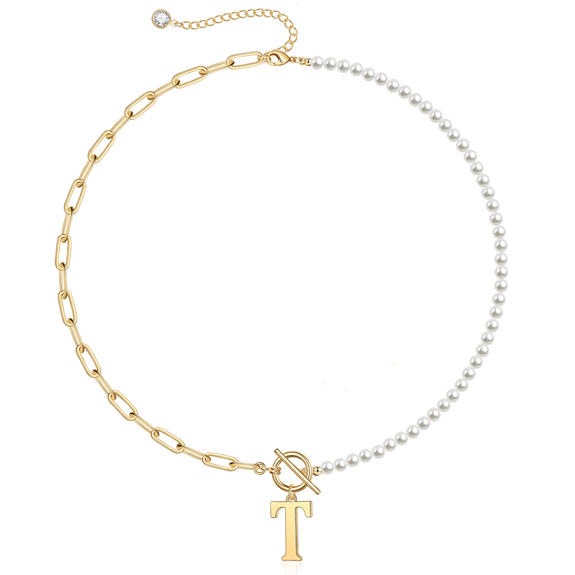 Pearl & Paperclip Chain Letter Initial Necklace in gold