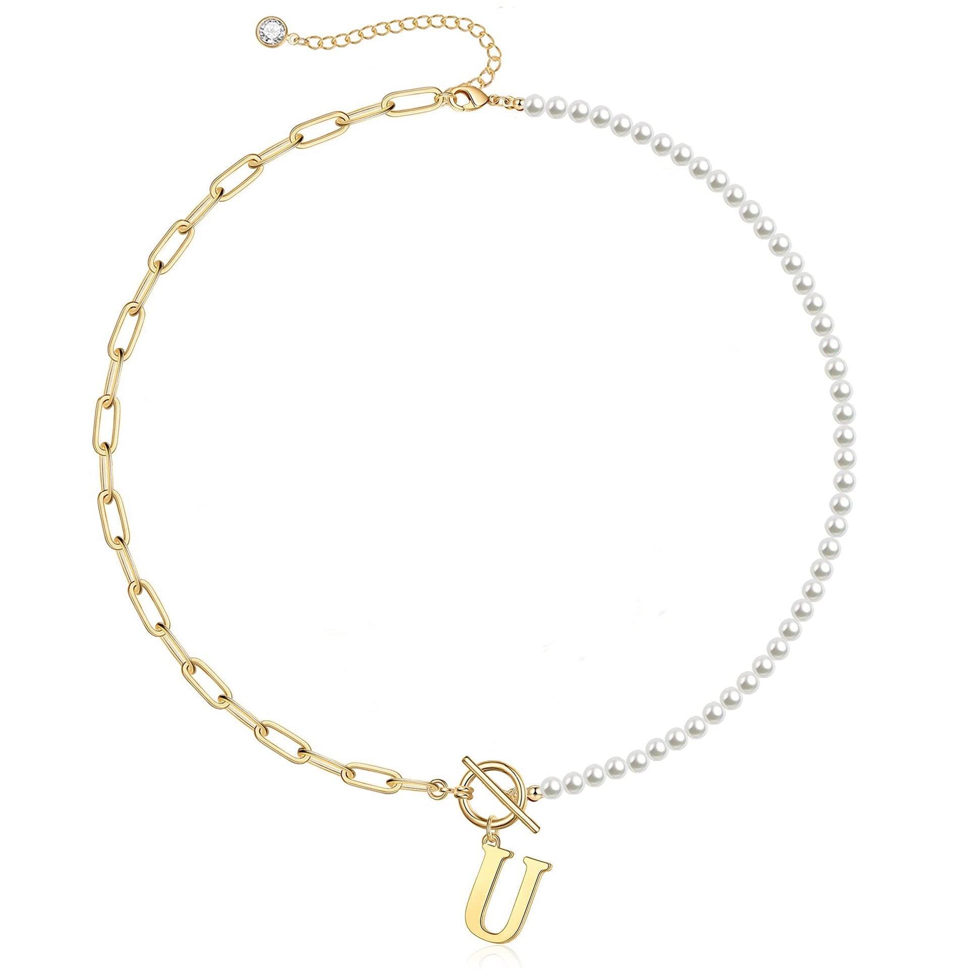 Pearl & Paperclip Chain Letter Initial Necklace in gold