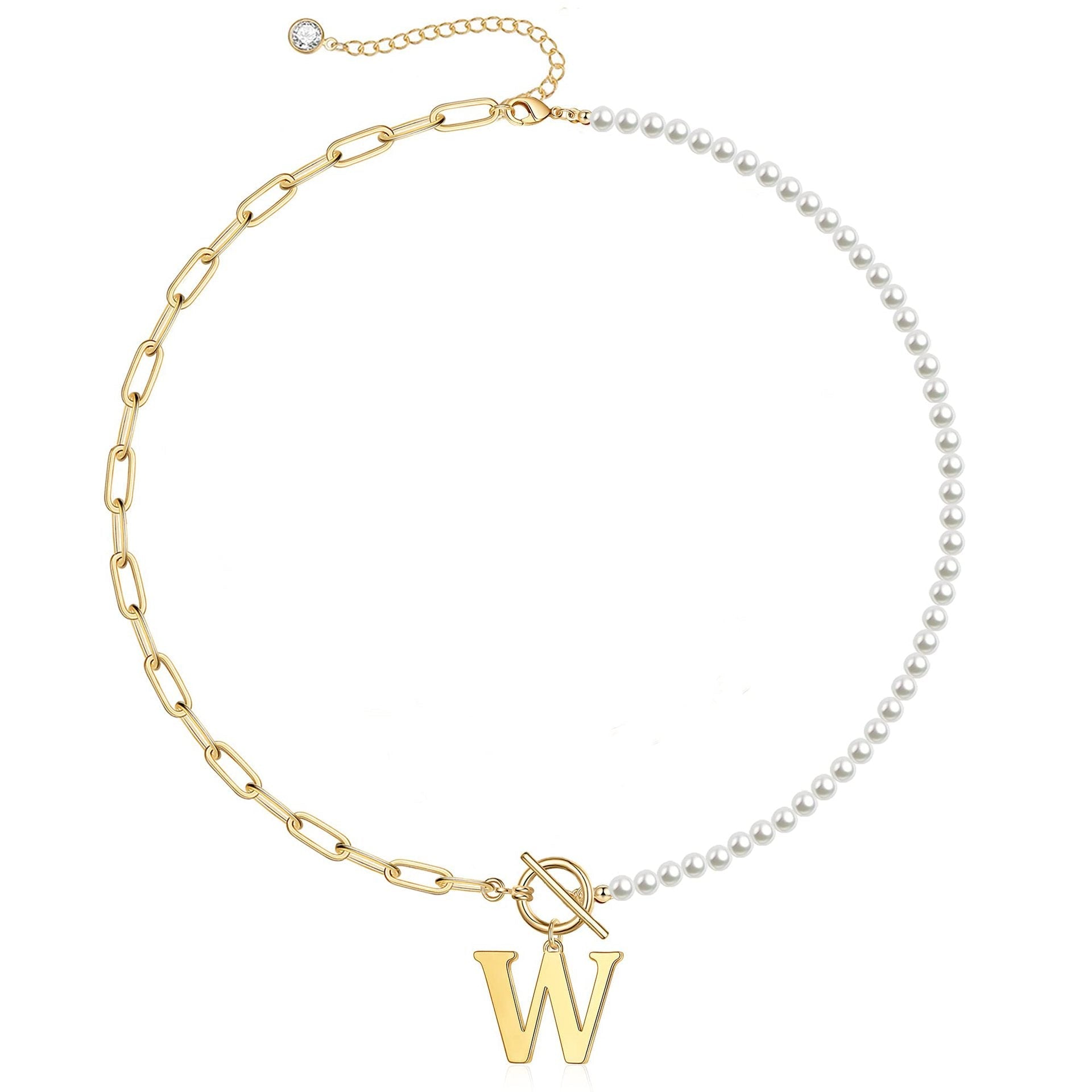 Pearl & Paperclip Chain Letter Initial Necklace in gold