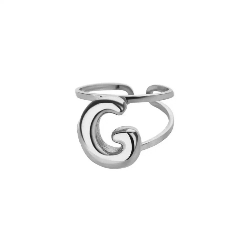 Adjustable Open Band Bubble Letter Initial Ring in silver