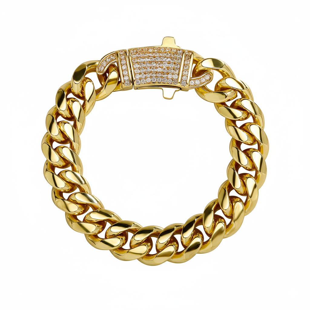 14k Chunky Diamond Accented Clasp Cuban Link Bracelet in gold