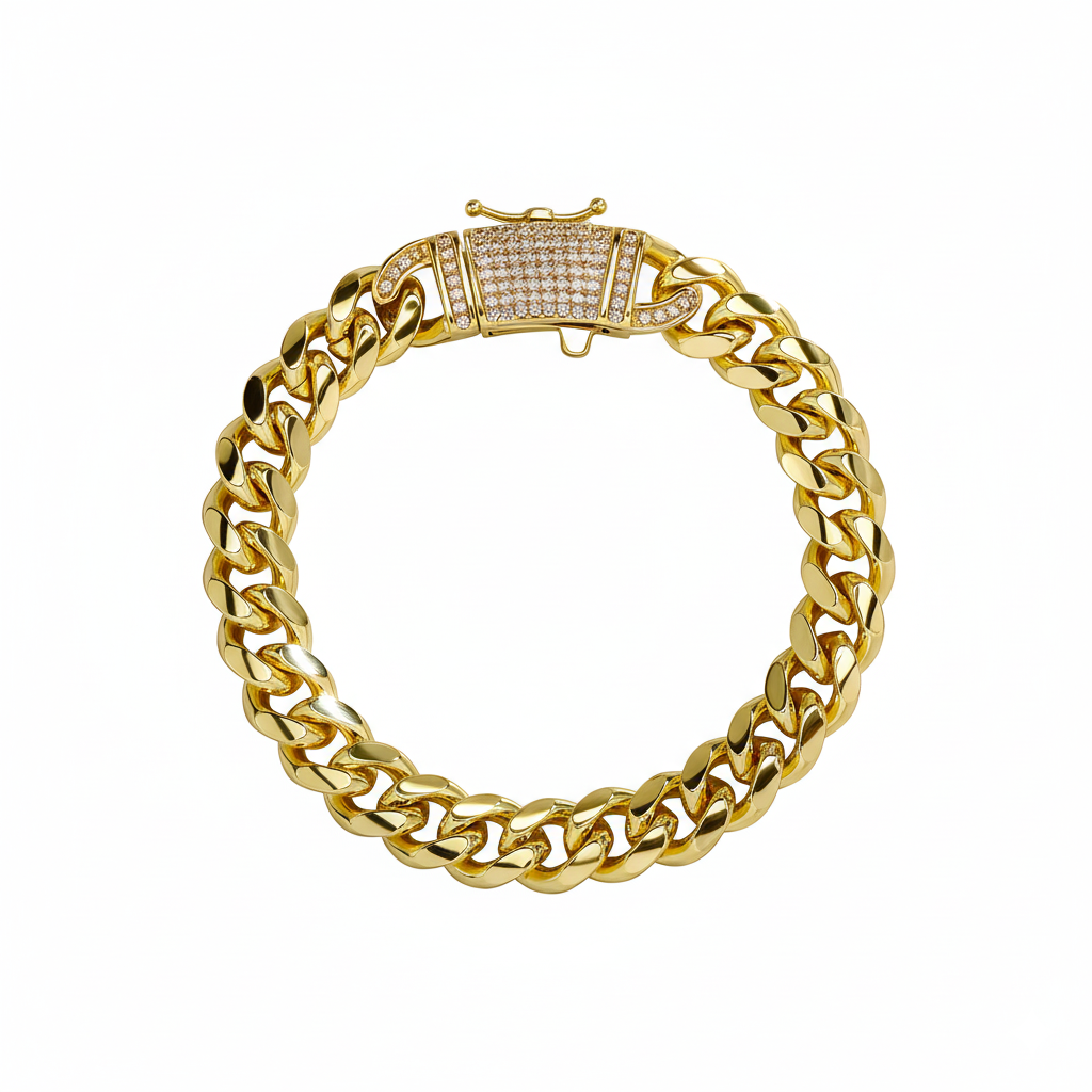 14k Chunky Diamond Accented Clasp Cuban Link Bracelet in gold