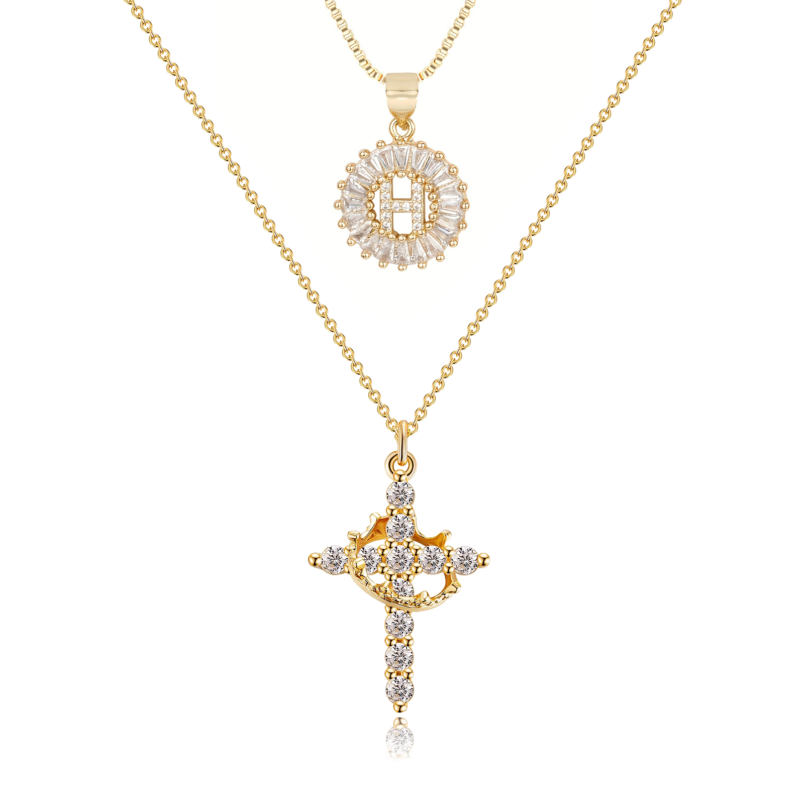 2pc 14k diamond cross crown initial necklace set