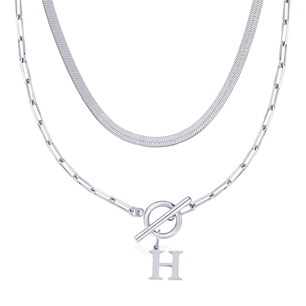 2pc paperclip initial toggle clasp herringbone necklace set
