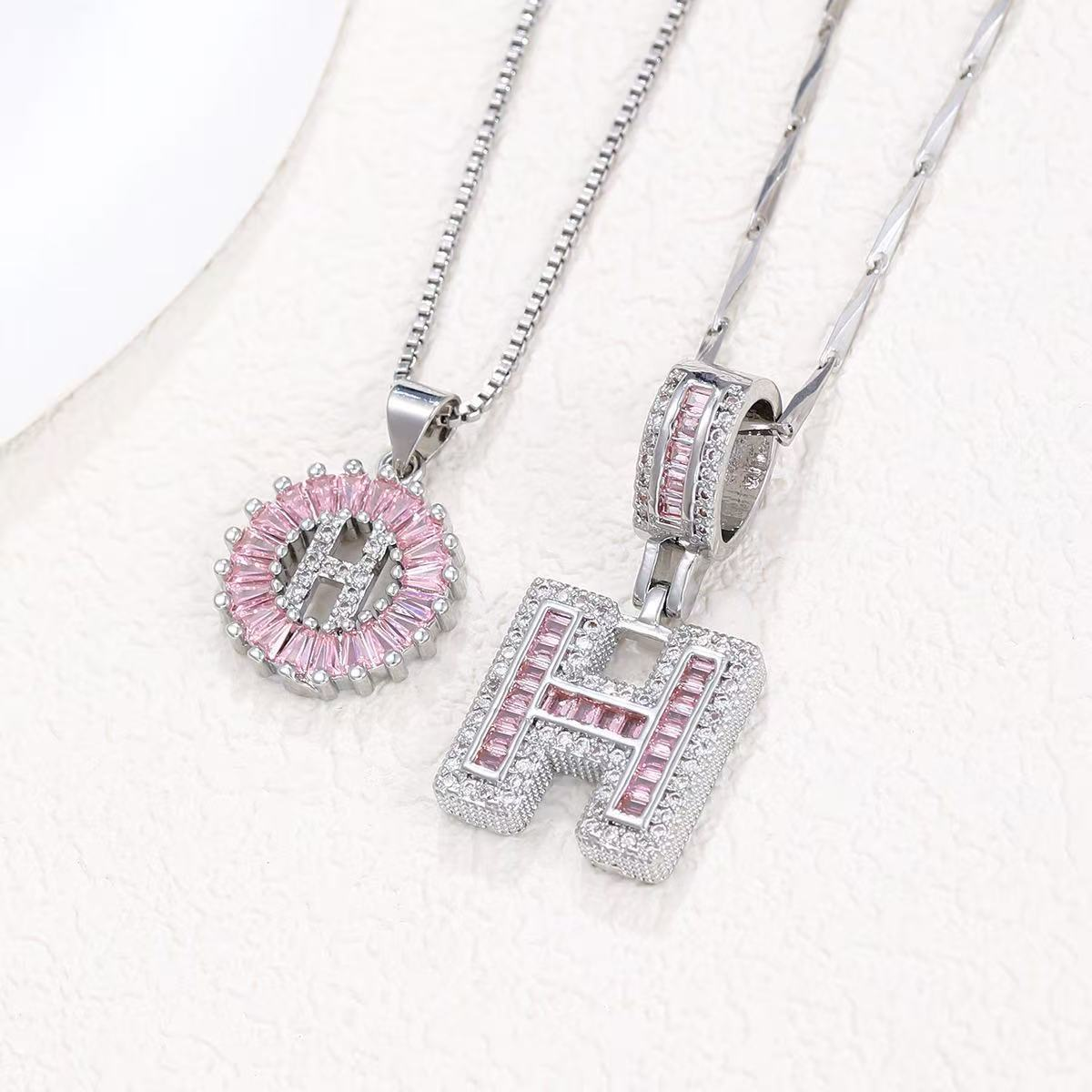 2pc 14k Diamond Letter Initial Necklaces (Limited Pink Edition) in silver