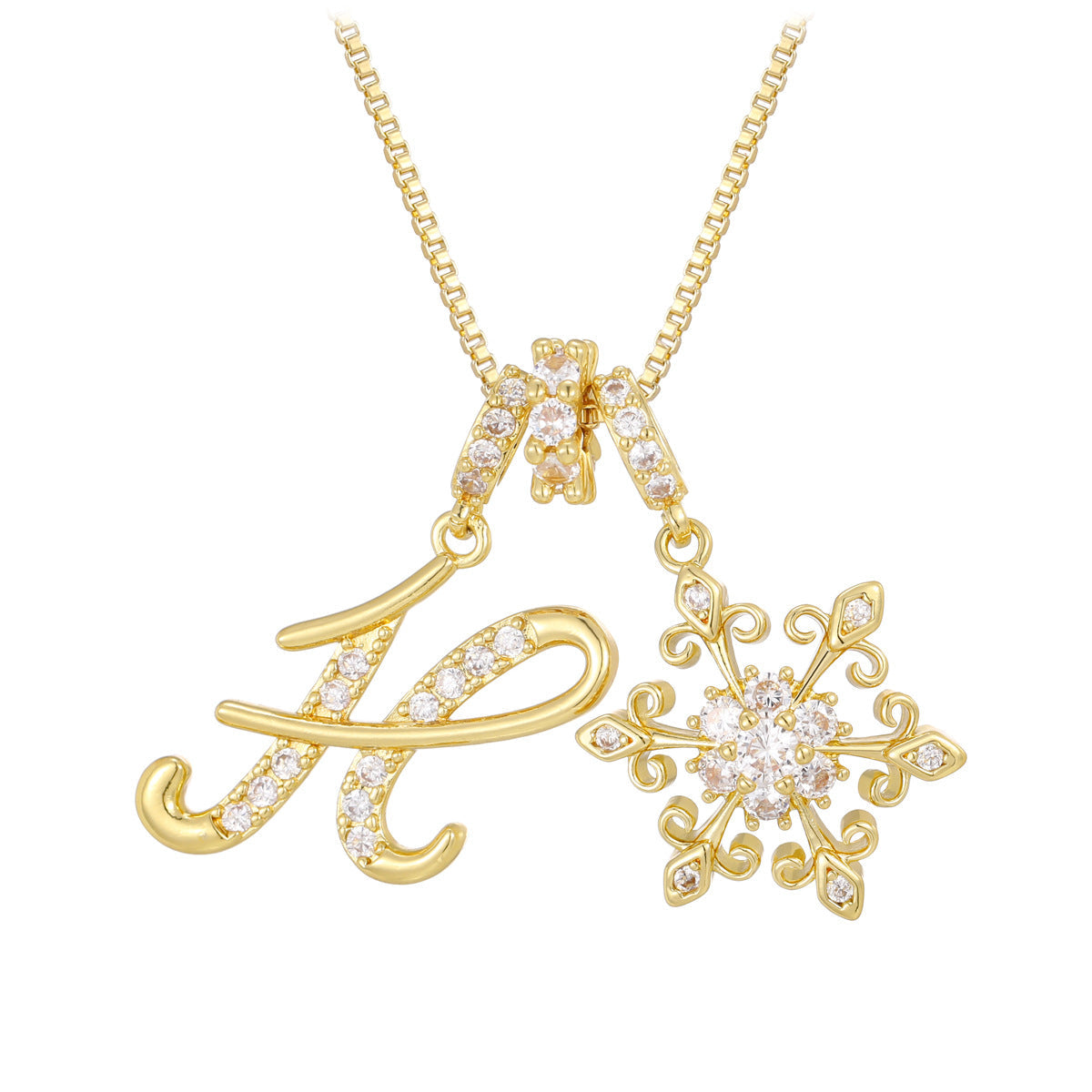 14k elegant initial snowflake necklace