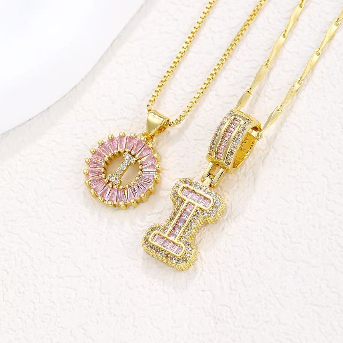 2pc 14k Diamond Letter Initial Necklaces (Limited Pink Edition) in gold