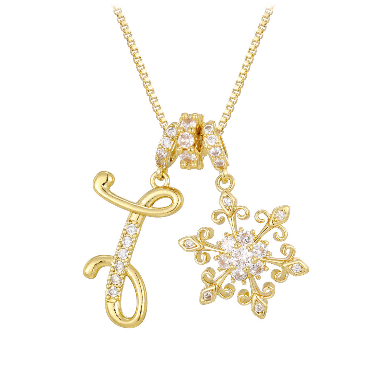 14k elegant initial snowflake necklace