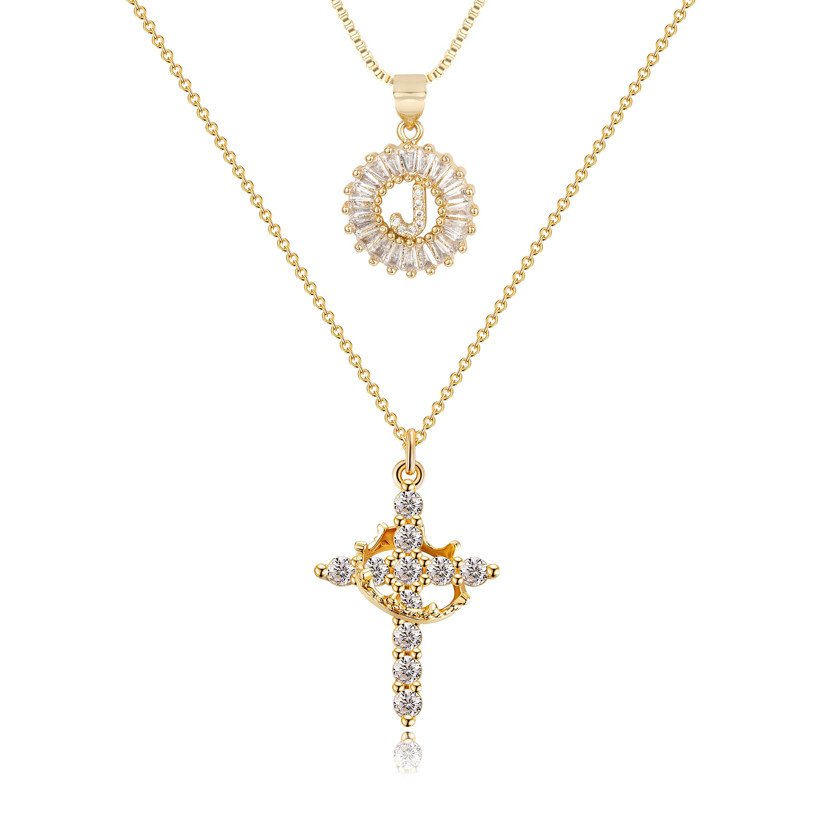2pc 14k diamond cross crown initial necklace set