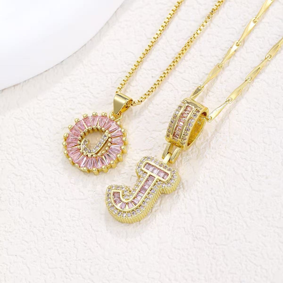 2pc 14k Diamond Letter Initial Necklaces (Limited Pink Edition) in gold
