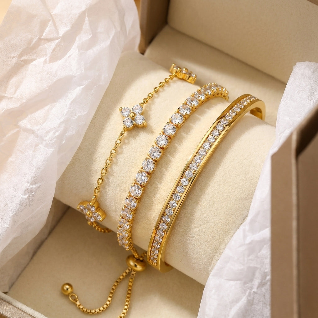 14k 3pc CZ Accented Bracelet Stack