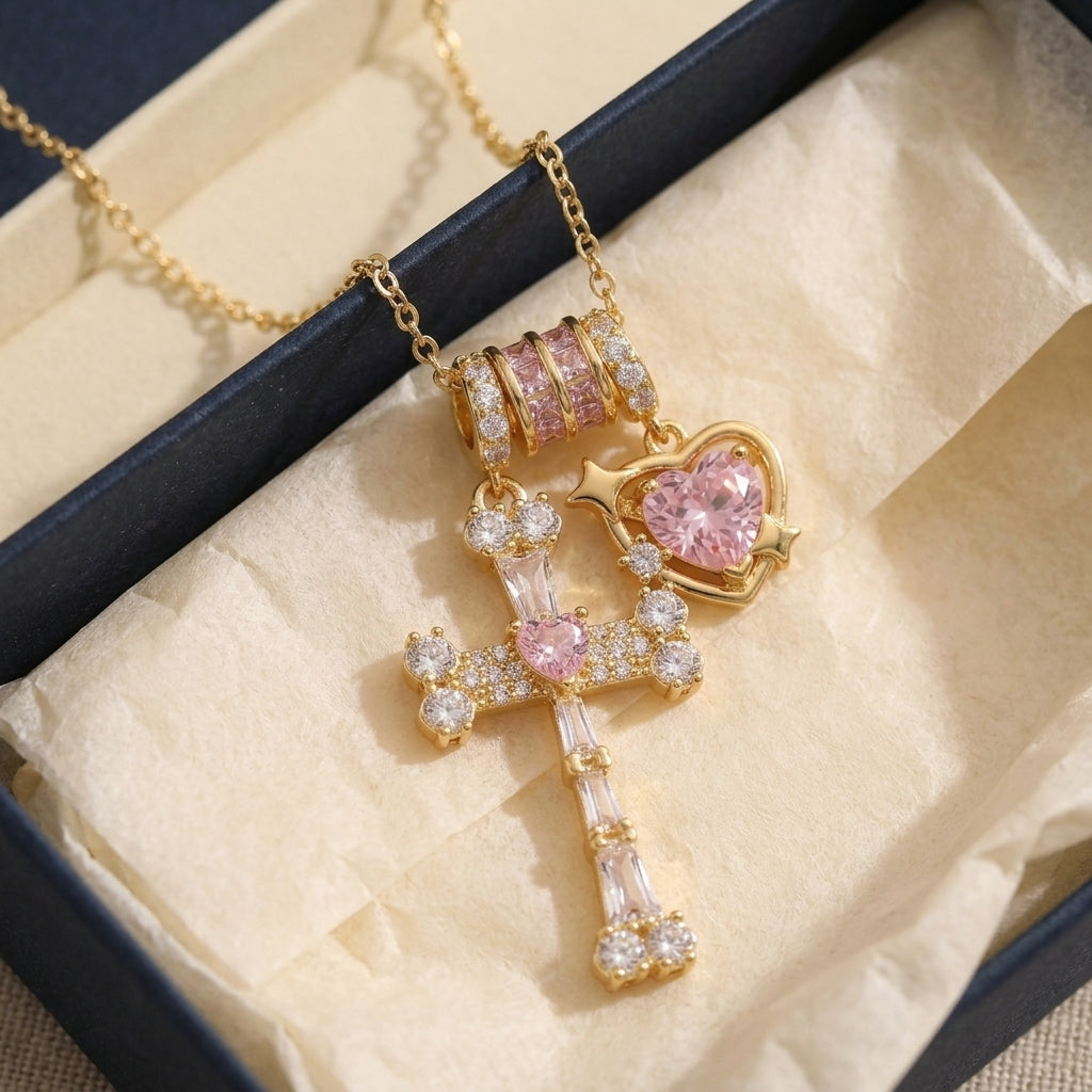 18k CZ Accented Cross & Heart Necklace