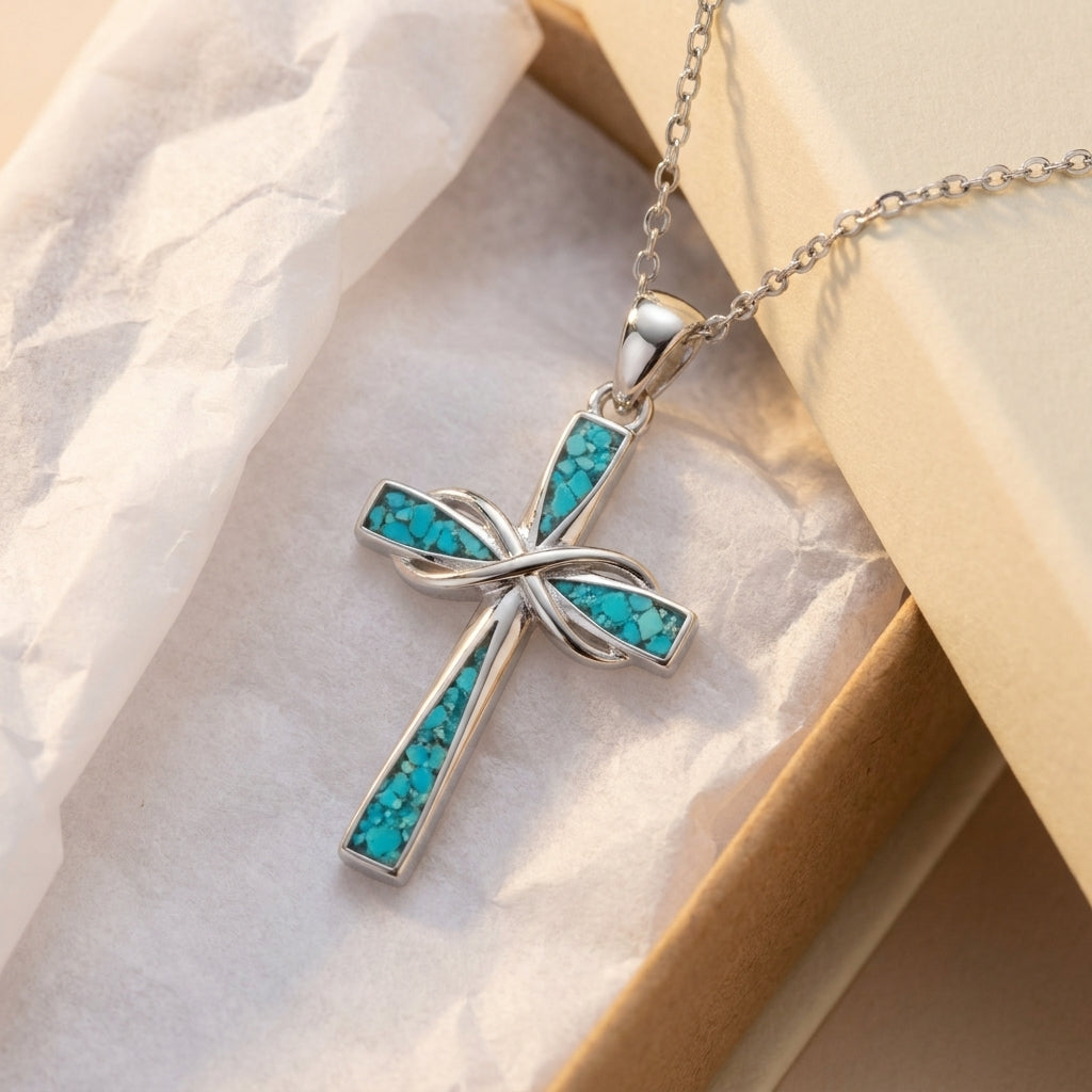 Turquoise Accented Infinity Cross Faith Necklace