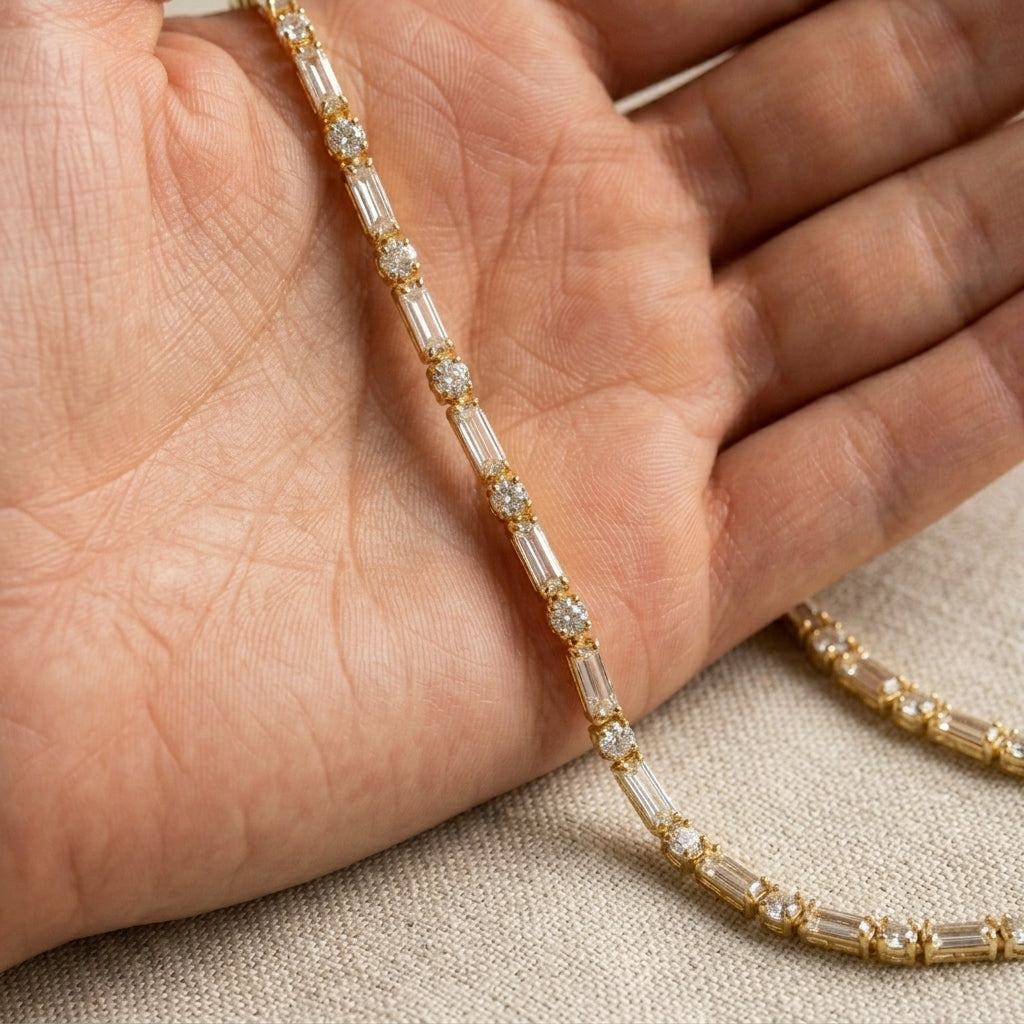 14k Dainty Baguette and Round Tennis Necklace