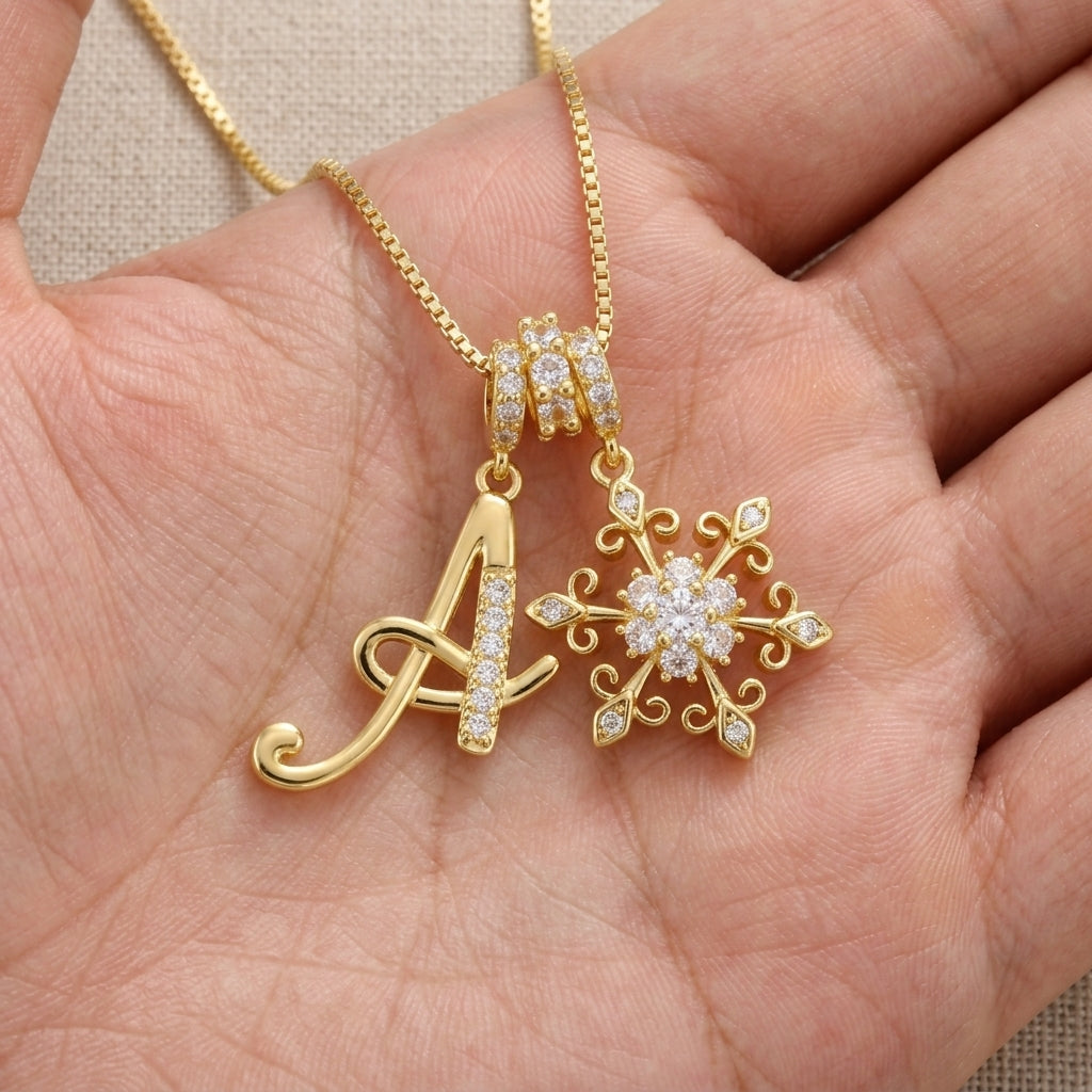 14k Elegant Initial & Snowflake Necklace