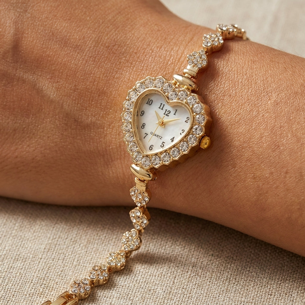 Adjustable CZ Accented Heart Watch