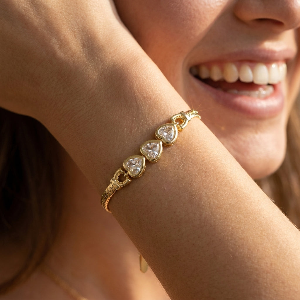 14k Elegant CZ Heart Snake Chain Bracelet