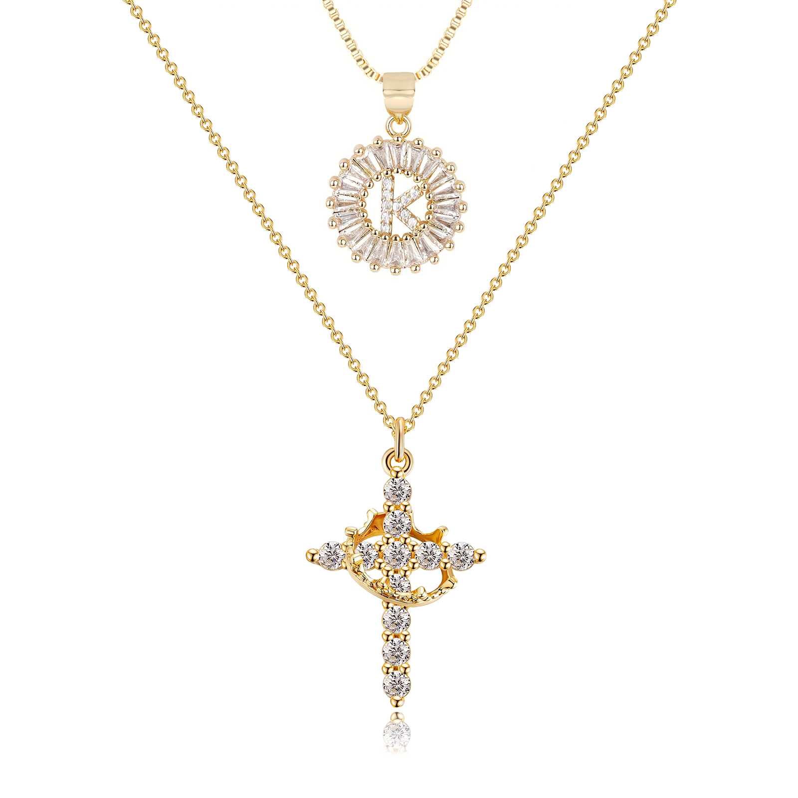 2pc 14k diamond cross crown initial necklace set