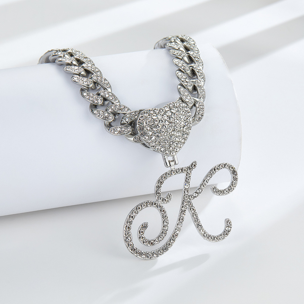 Cursive Diamond Accented Initial Cuban Heart Necklace in silver