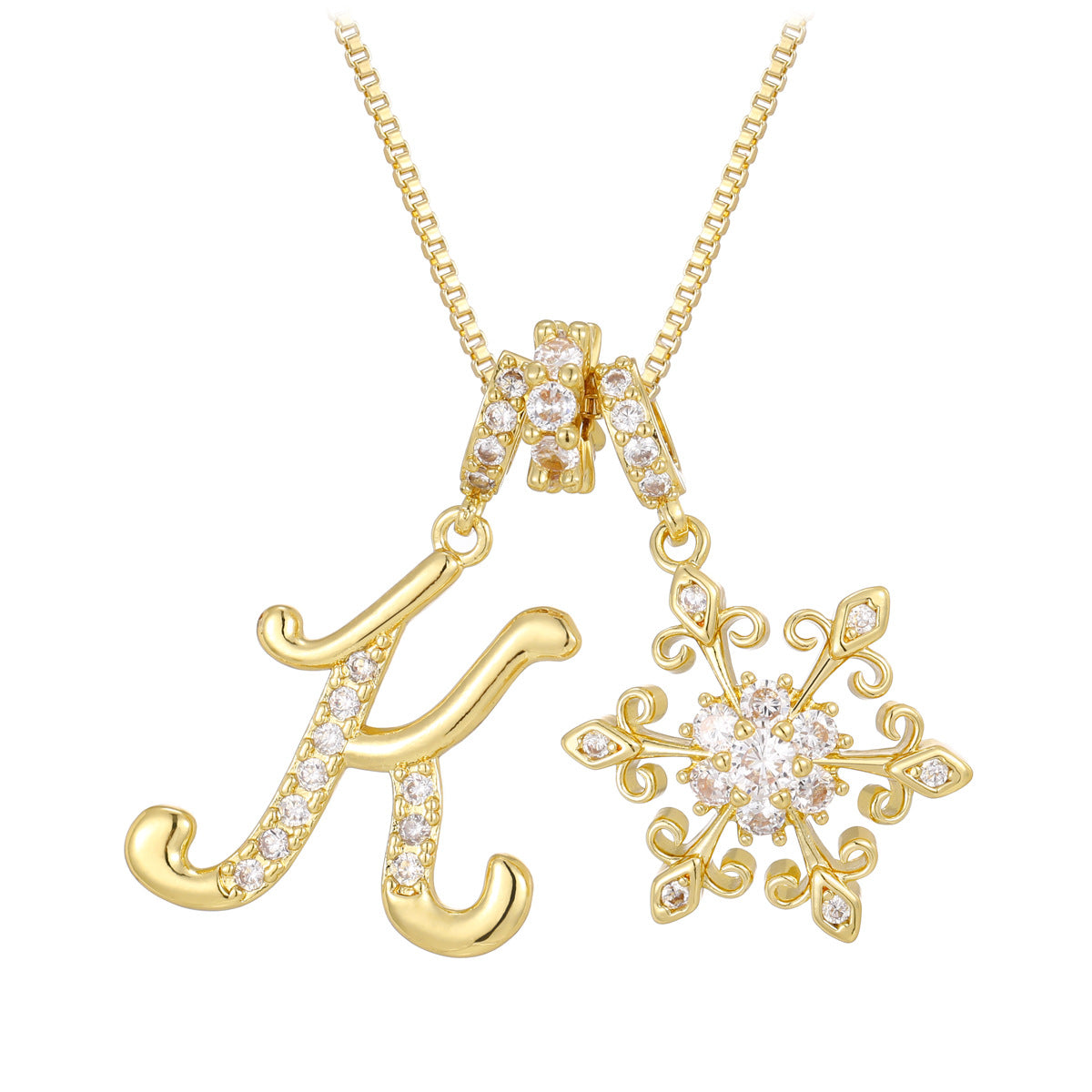 14k elegant initial snowflake necklace