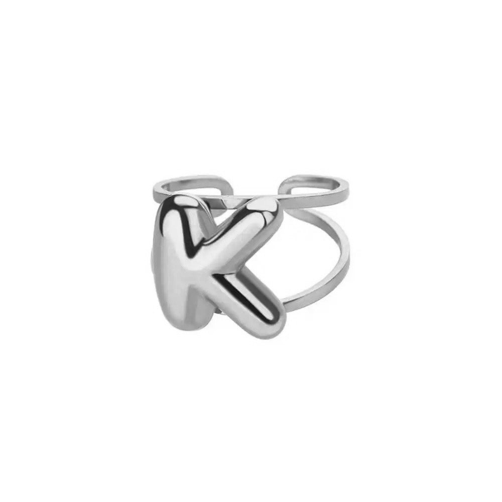Adjustable Open Band Bubble Letter Initial Ring in silver