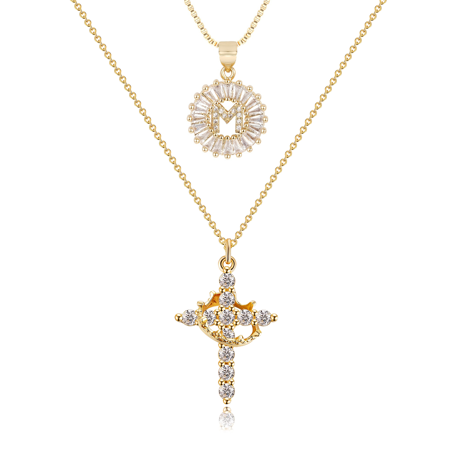 2pc 14k diamond cross crown initial necklace set