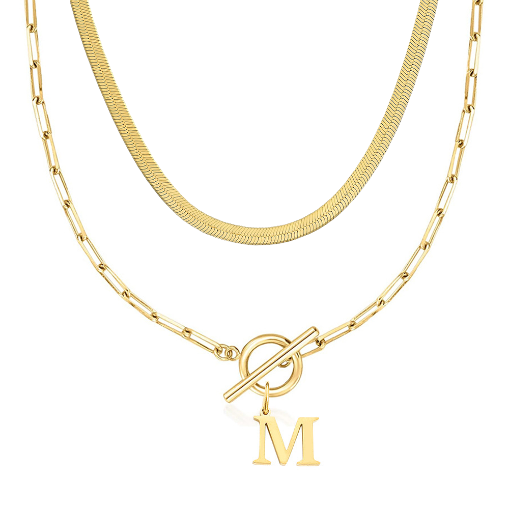 2pc Paperclip Initial Toggle Clasp & Herringbone Necklace Set in gold