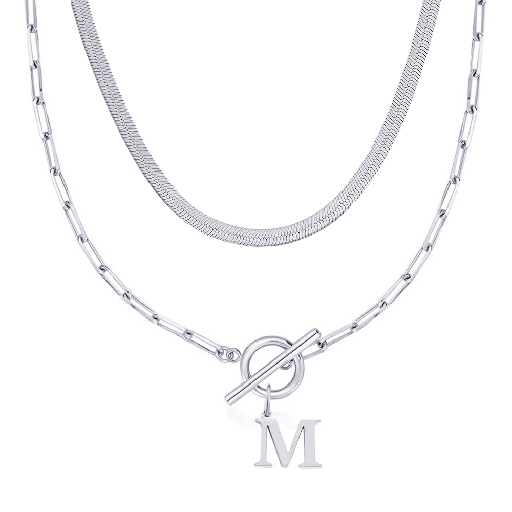 2pc paperclip initial toggle clasp herringbone necklace set