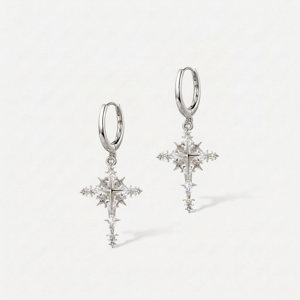 Starlight Cross Huggie Earrings in silver