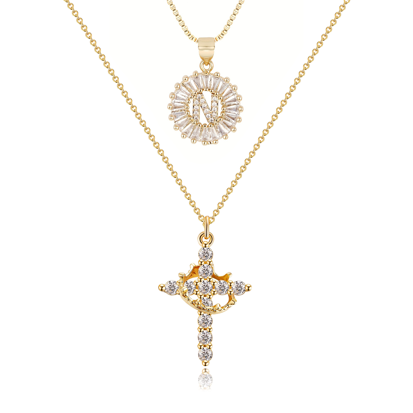 2pc 14k diamond cross crown initial necklace set