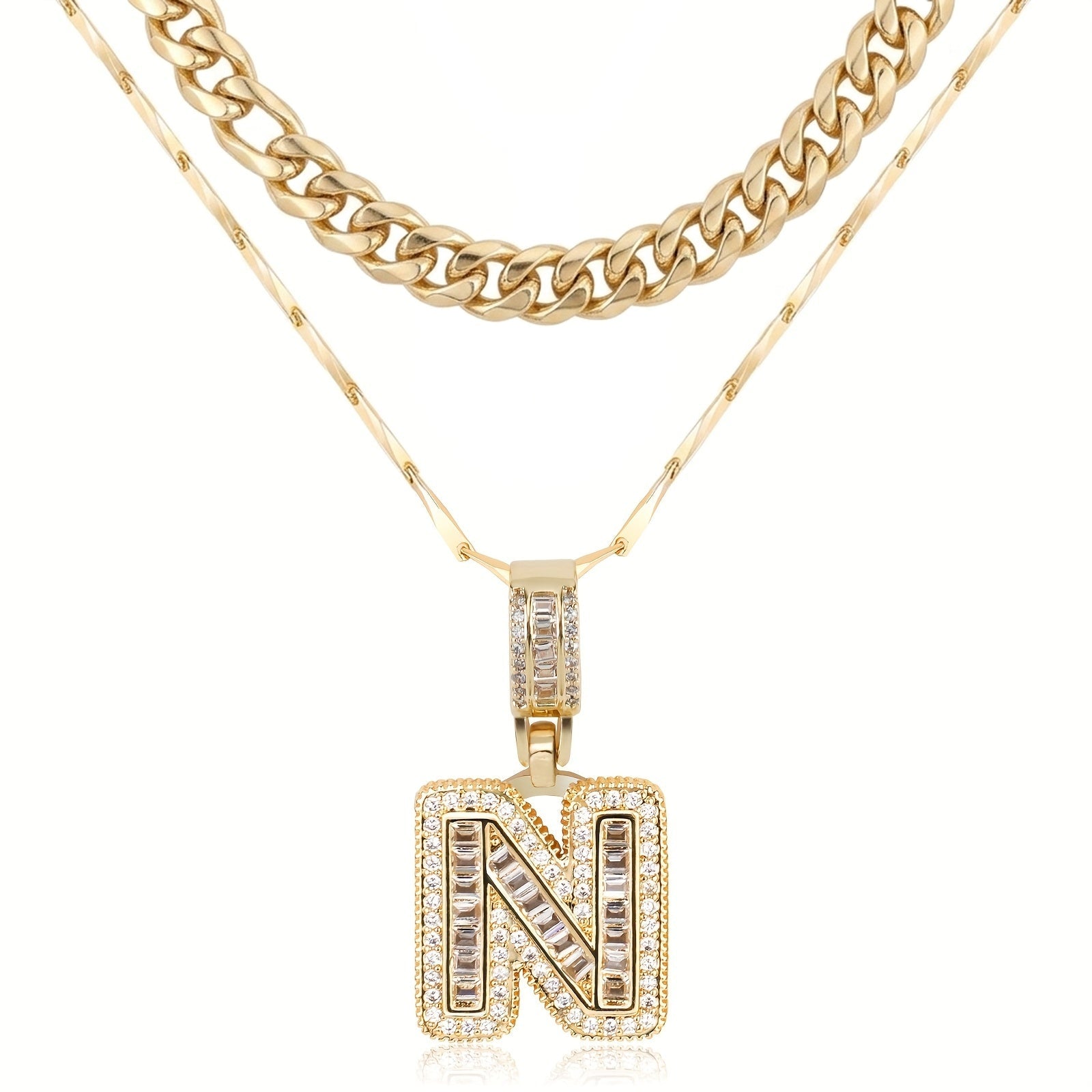 2pc 14k Layered Cuban & Initial Necklaces in gold