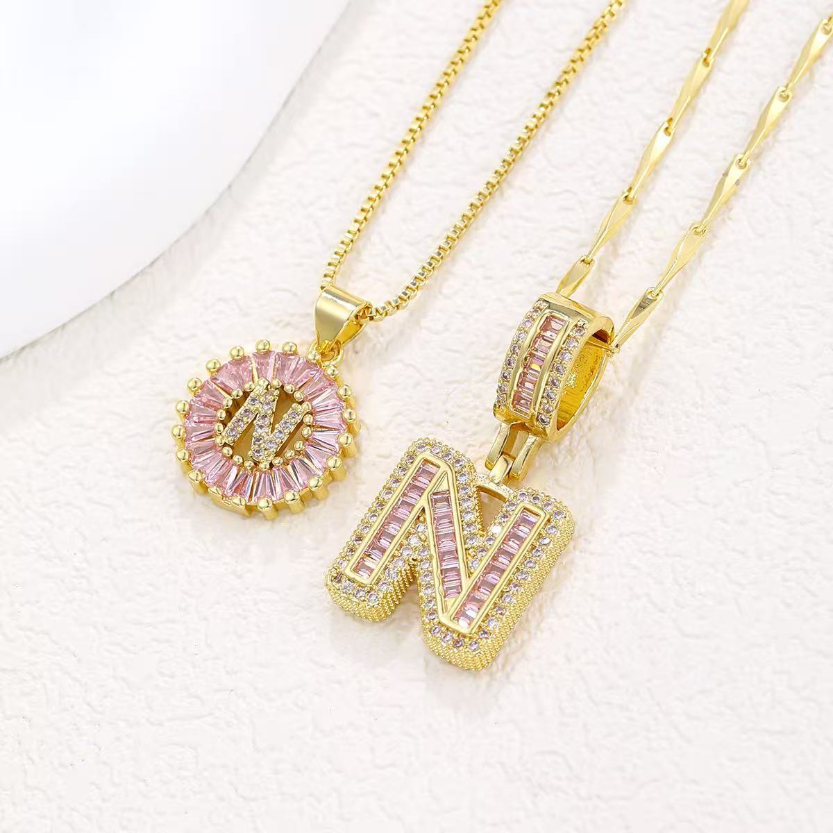 2pc 14k Diamond Letter Initial Necklaces (Limited Pink Edition) in gold