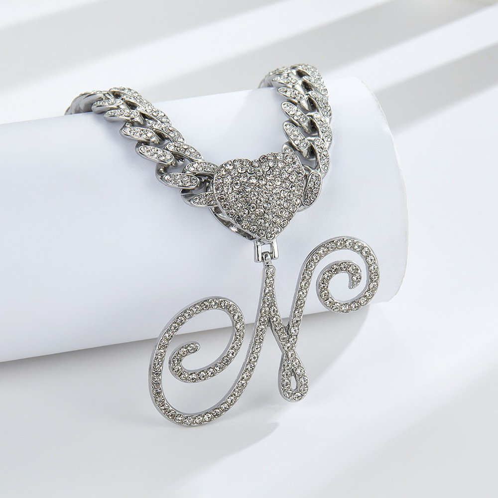 Cursive Diamond Accented Initial Cuban Heart Necklace in silver