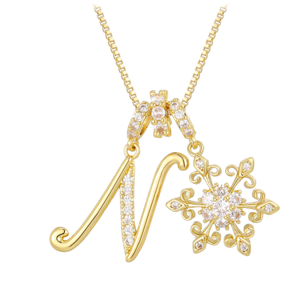 14k elegant initial snowflake necklace