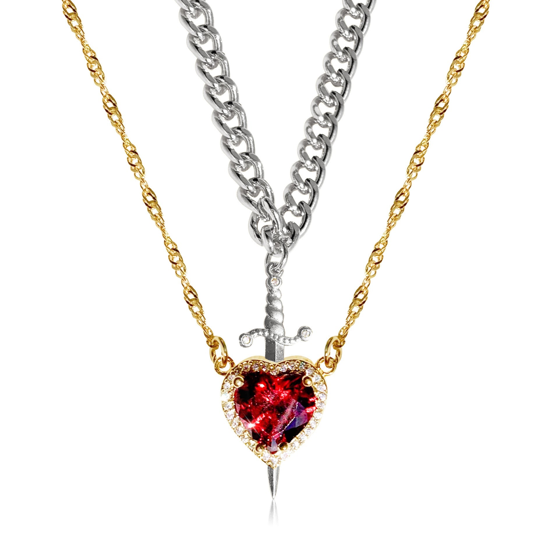 Prince & Princess Couples Necklace Set in gold heart & silver sword