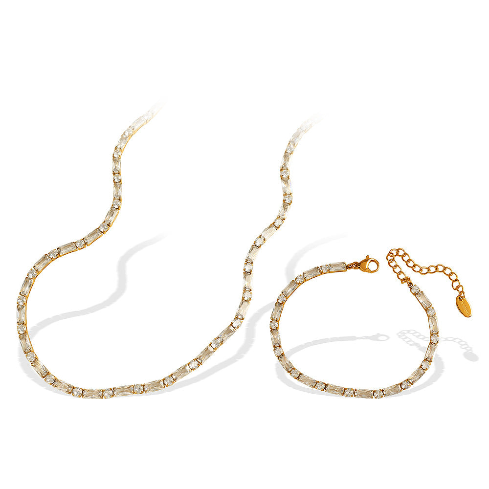 14k Dainty Baguette and Round Tennis Necklace