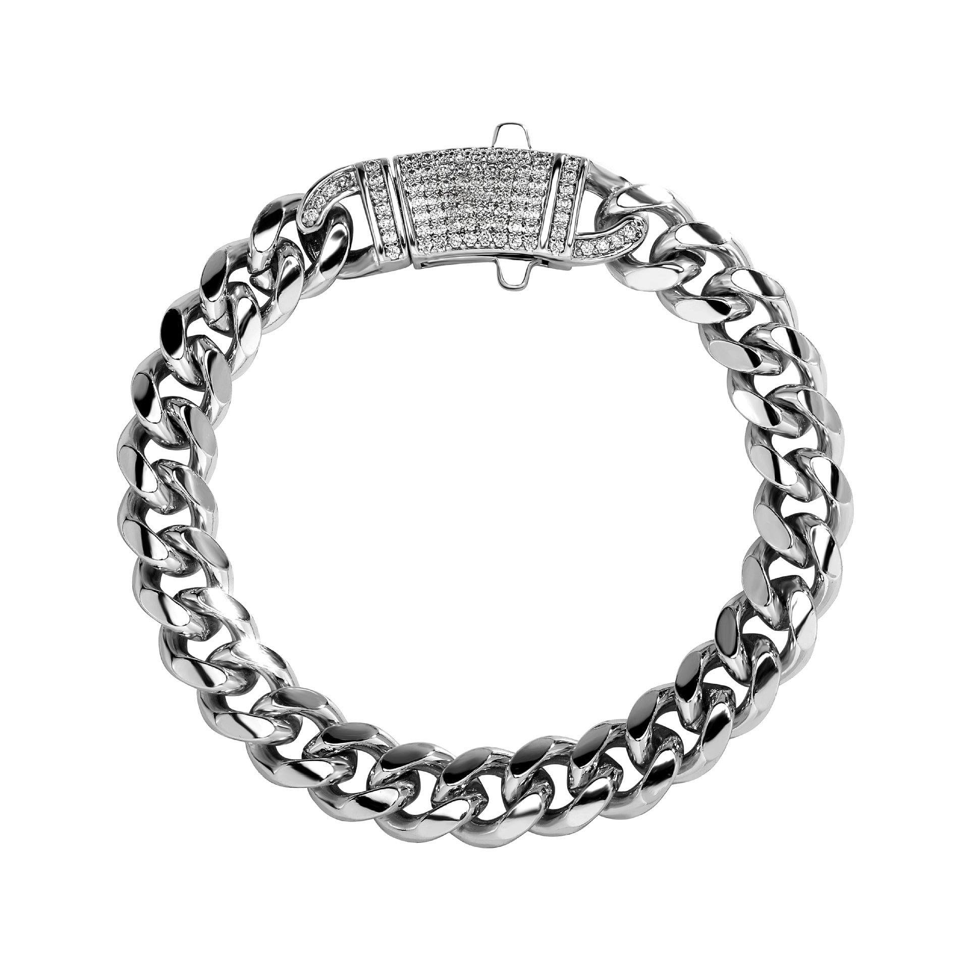 14k Chunky Diamond Accented Clasp Cuban Link Bracelet in silver
