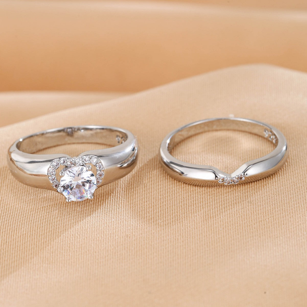 2pc Diamond Heart Ring Set in silver