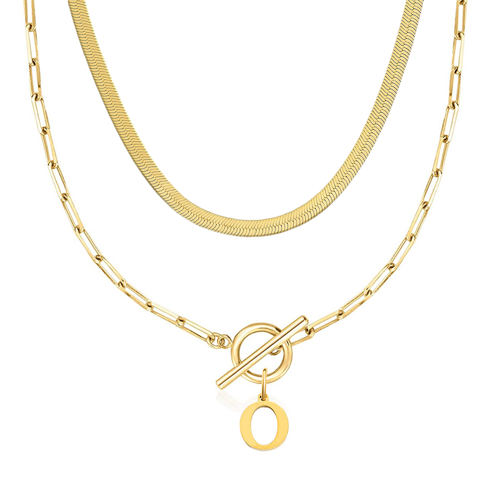 2pc Paperclip Initial Toggle Clasp & Herringbone Necklace Set in gold