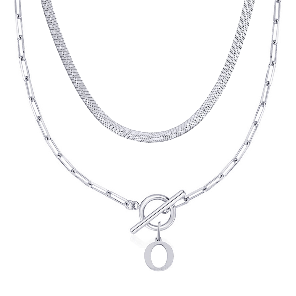 2pc paperclip initial toggle clasp herringbone necklace set